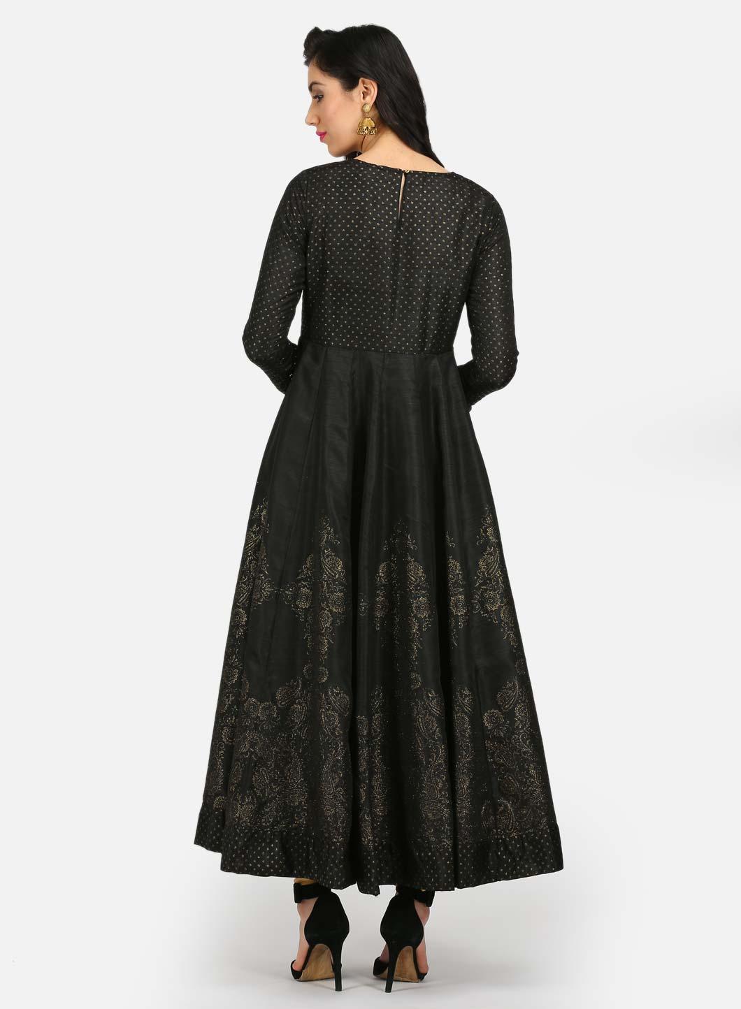 Black Embellished Round Neck Mughal Gown - wforwoman