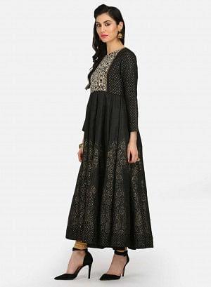 Black Embellished Round Neck Mughal Gown - wforwoman