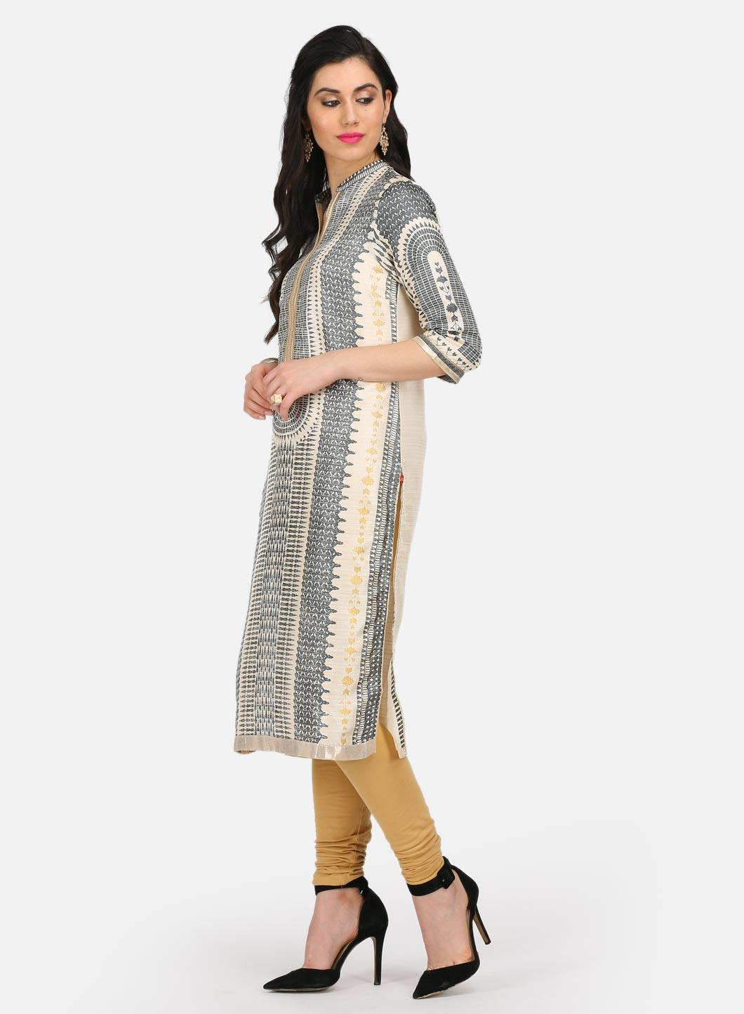 Grey Printed Mandarin Neck kurta - wforwoman