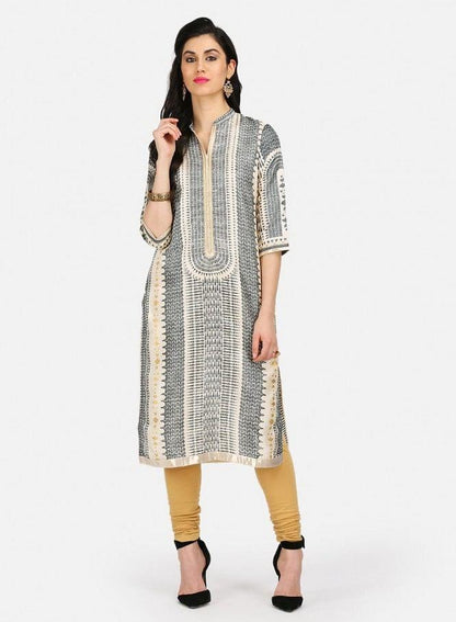 Grey Printed Mandarin Neck kurta - wforwoman