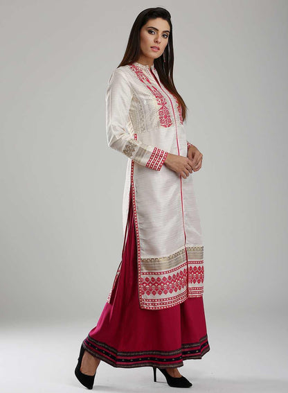 White &amp; Pink Mandarin Neck kurta - wforwoman