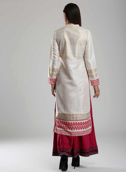 White &amp; Pink Mandarin Neck kurta - wforwoman