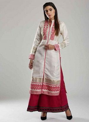 White &amp; Pink Mandarin Neck kurta - wforwoman