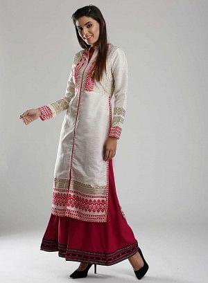 White &amp; Pink Mandarin Neck kurta - wforwoman