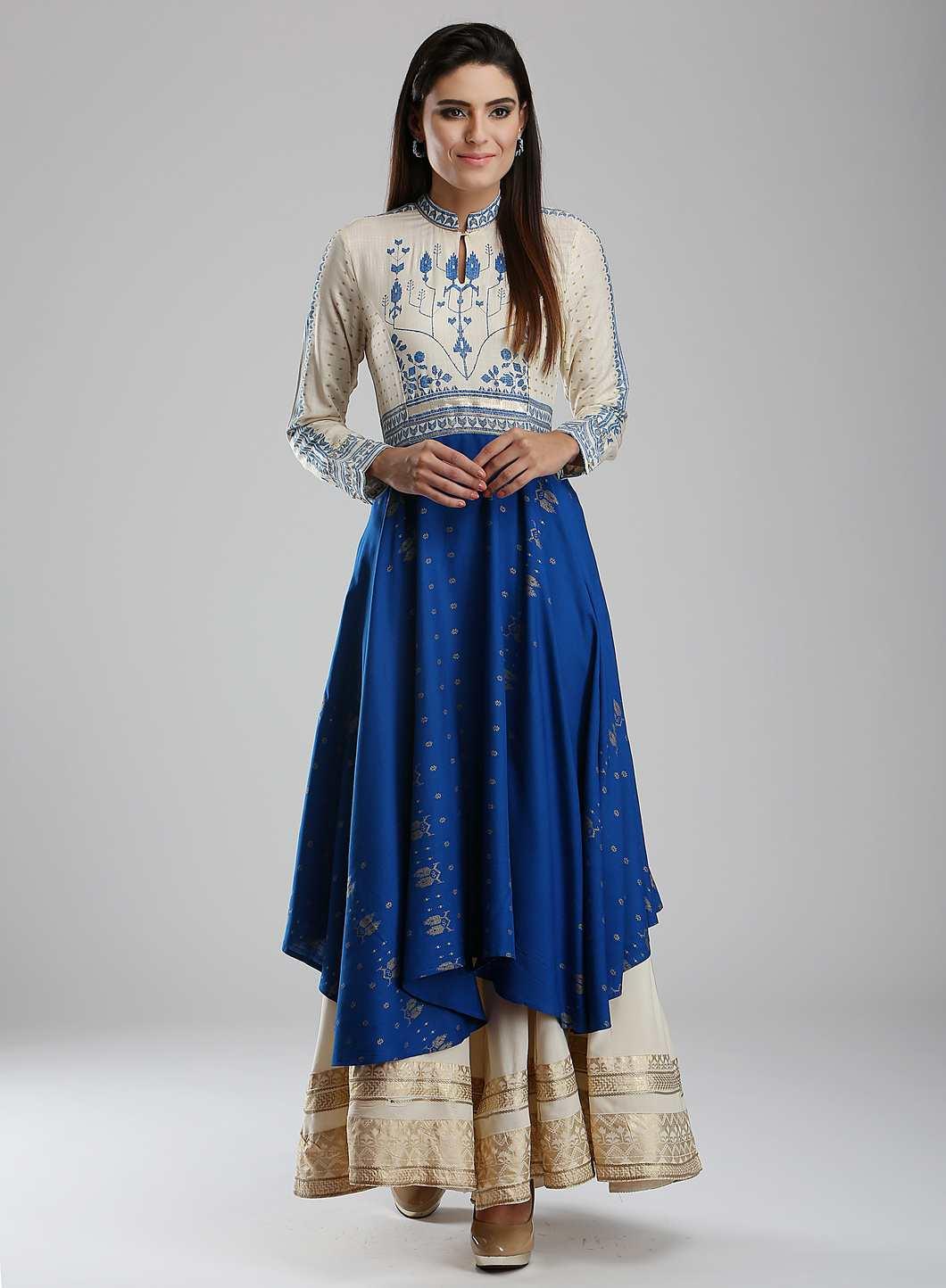 Blue &amp; White Mandarin Neck kurta - wforwoman