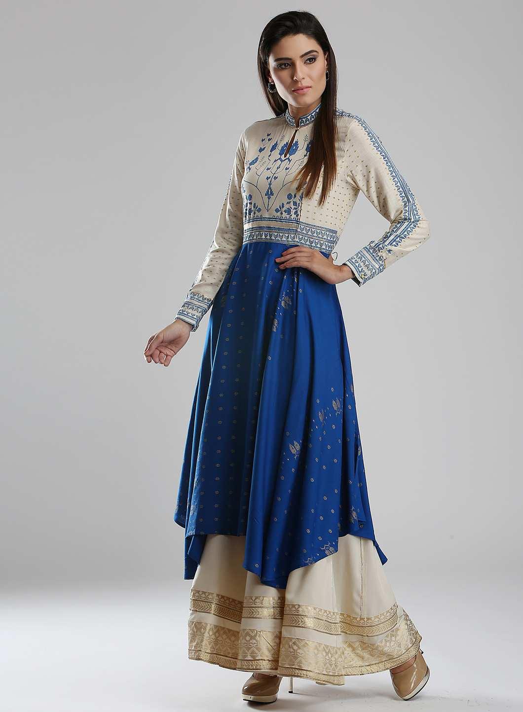 Blue &amp; White Mandarin Neck kurta - wforwoman