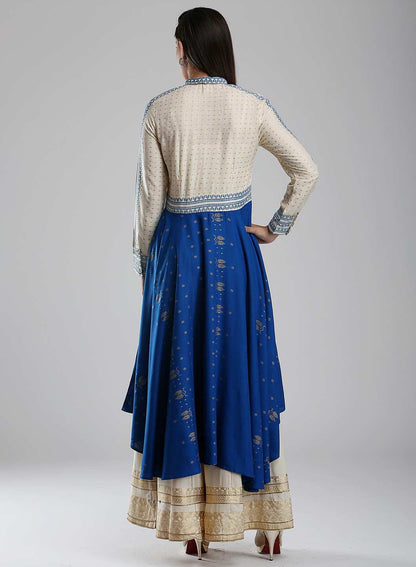 Blue &amp; White Mandarin Neck kurta - wforwoman