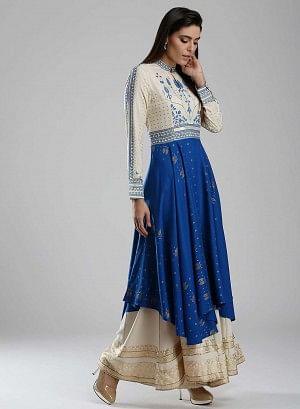 Blue &amp; White Mandarin Neck kurta - wforwoman