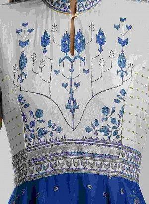 Blue &amp; White Mandarin Neck kurta - wforwoman