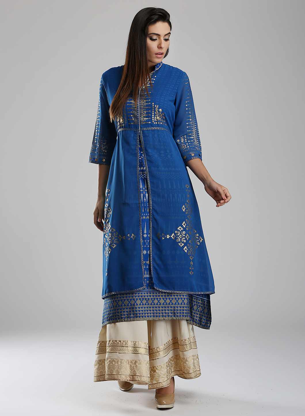 Blue Printed Mandarin Neck kurta