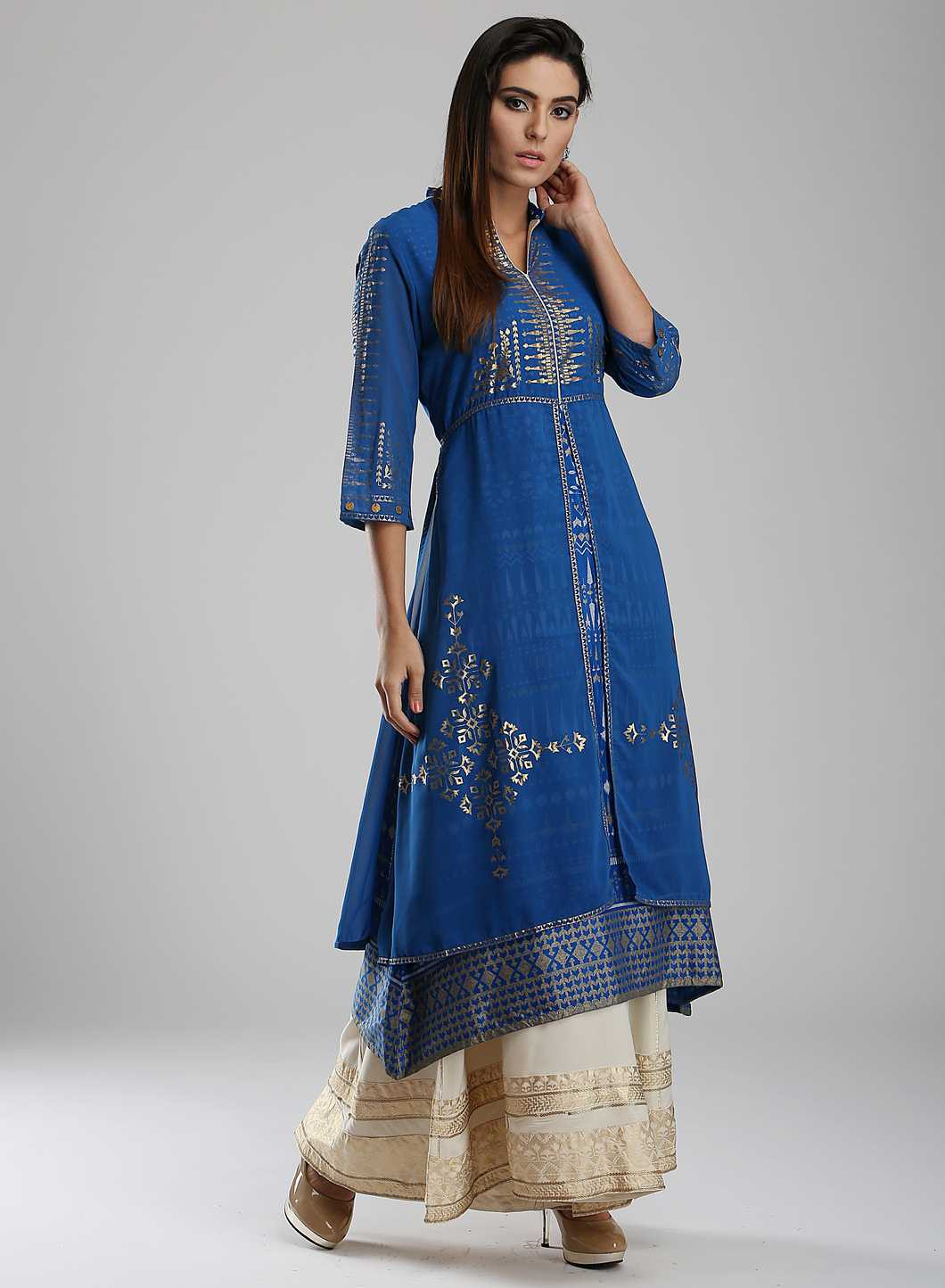 Blue Printed Mandarin Neck kurta