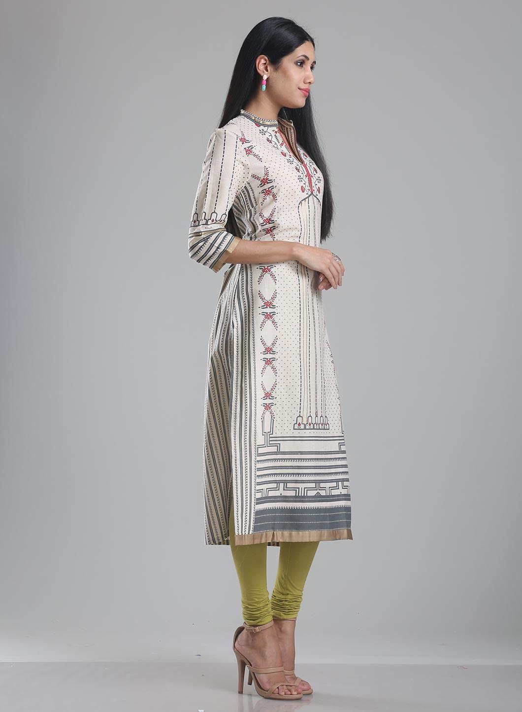 Off White Printed Mandarin Neck kurta - wforwoman