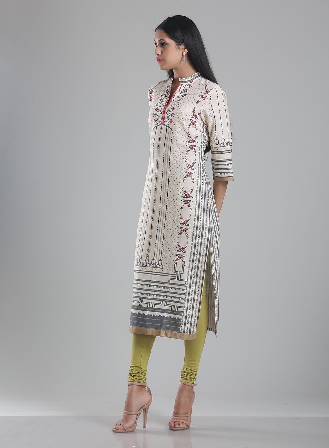 Off White Printed Mandarin Neck kurta - wforwoman