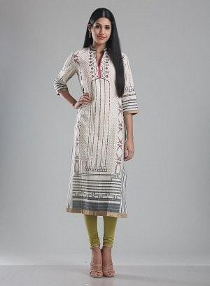 Off White Printed Mandarin Neck kurta - wforwoman