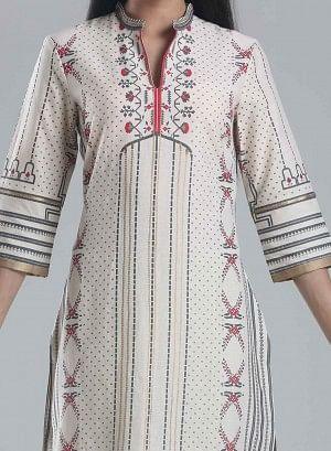 Off White Printed Mandarin Neck kurta - wforwoman