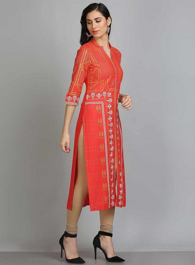 Coral Printed Mandarin Neck kurta - wforwoman