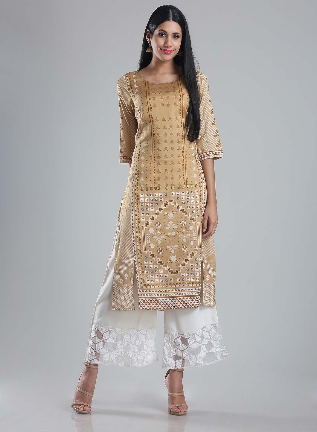 Mustard Printed Round Neck kurta