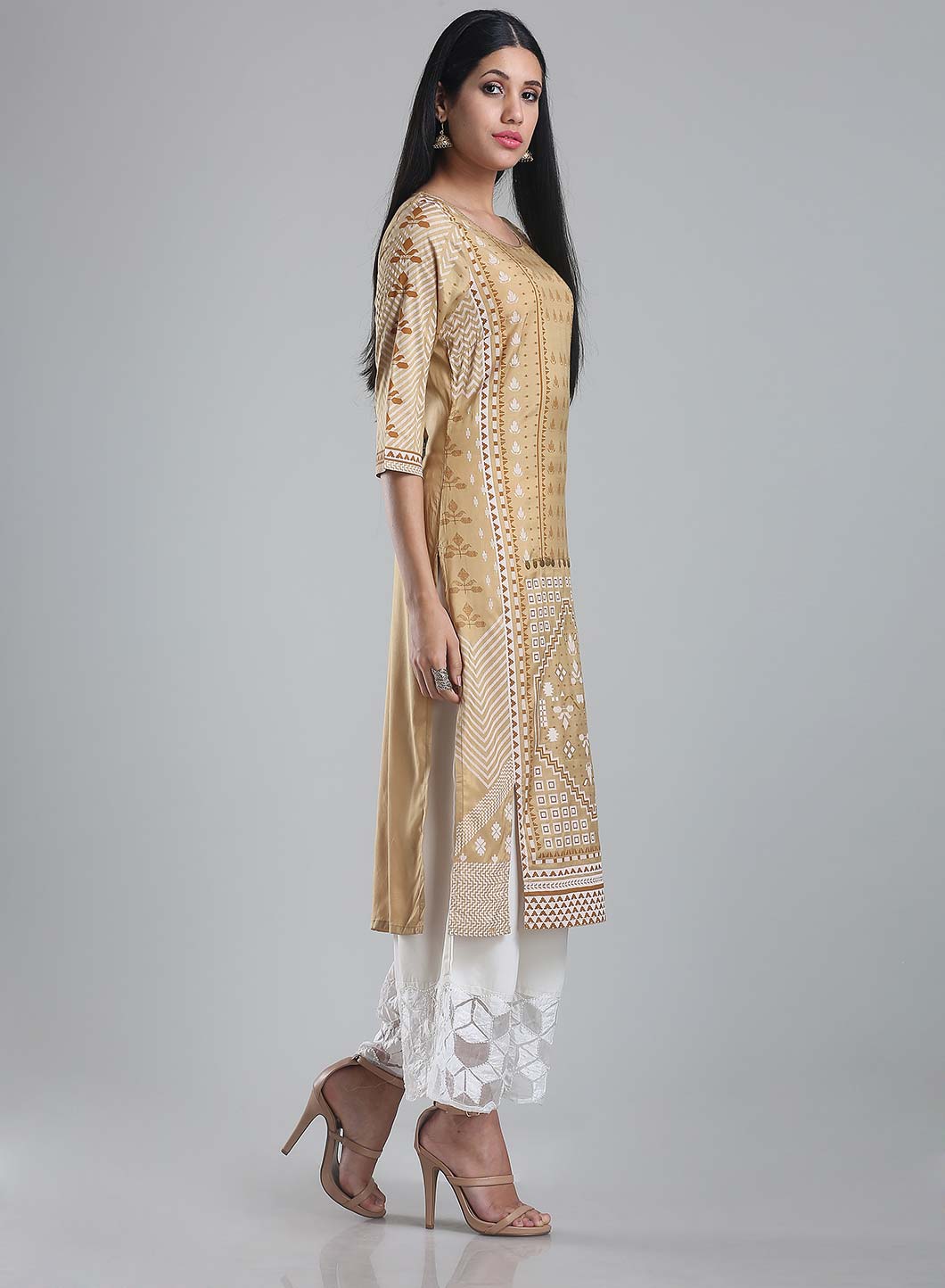 Mustard Printed Round Neck kurta