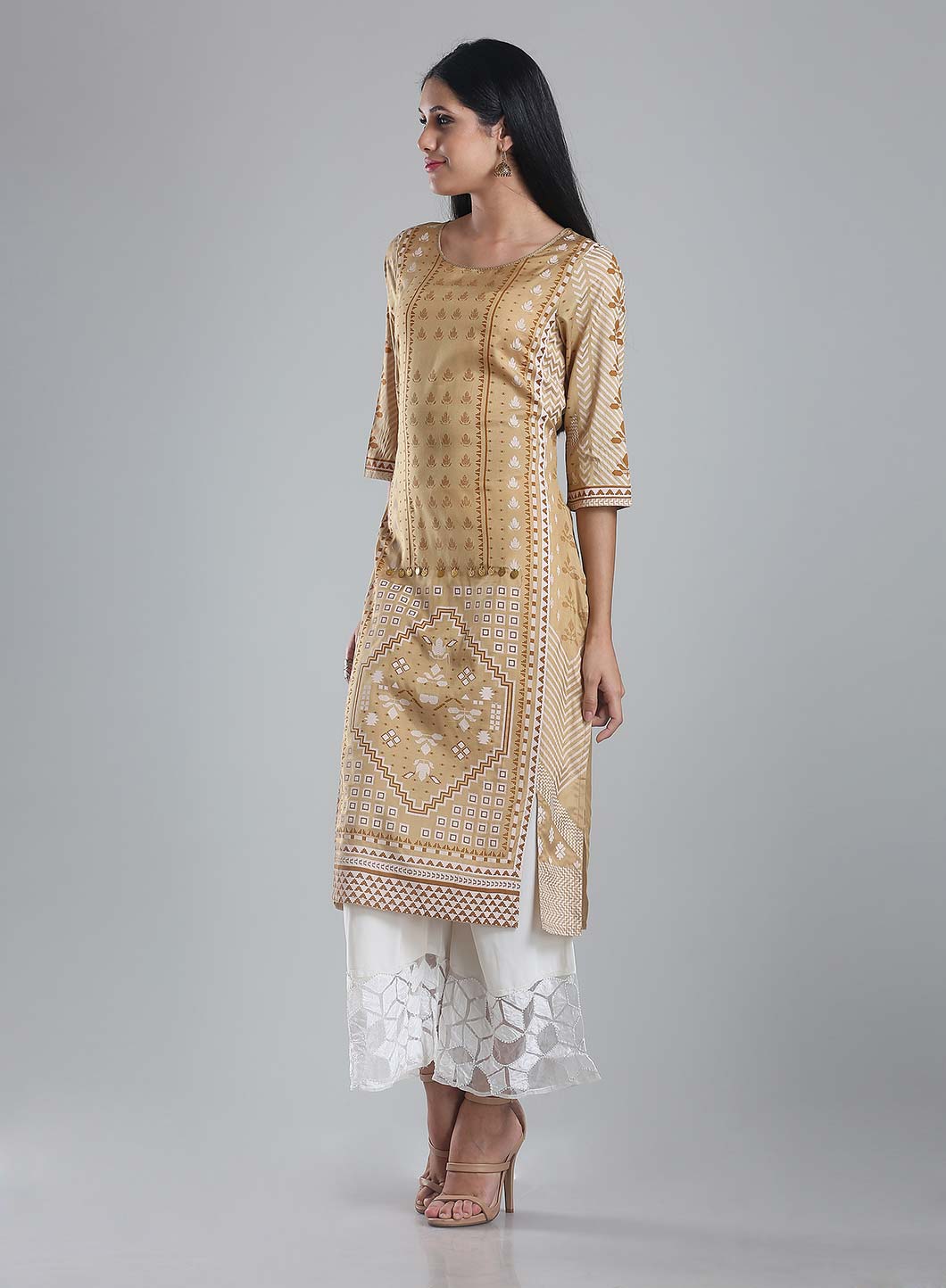 Mustard Printed Round Neck kurta