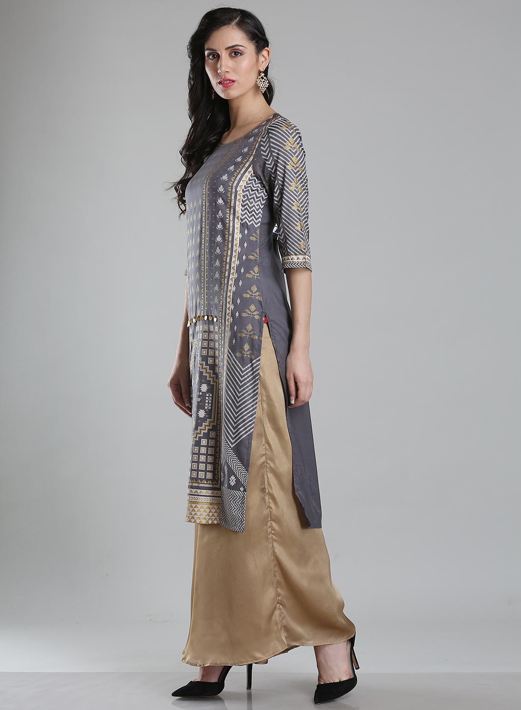 Grey Printed Round Neck kurta