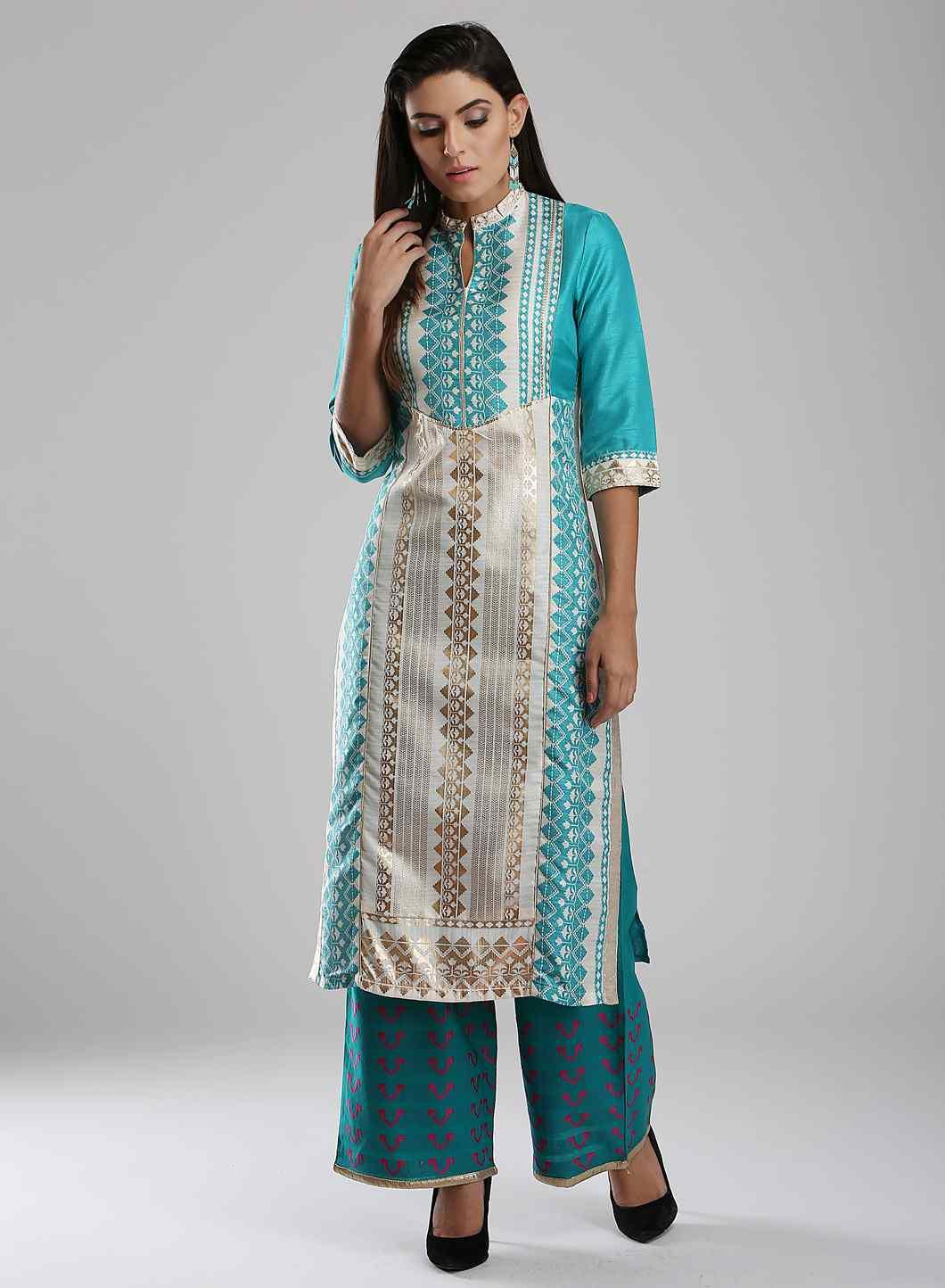 Blue Printed Mandarin Neck kurta - wforwoman