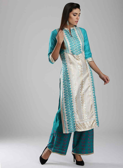 Blue Printed Mandarin Neck kurta - wforwoman