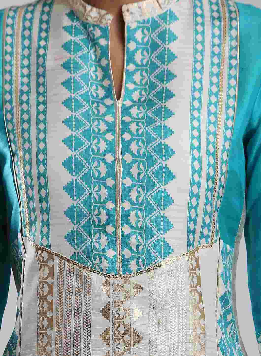 Blue Printed Mandarin Neck kurta - wforwoman