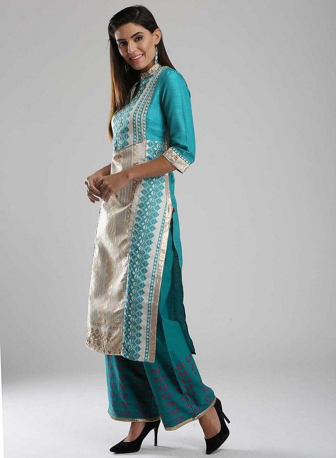 Blue Printed Mandarin Neck kurta - wforwoman