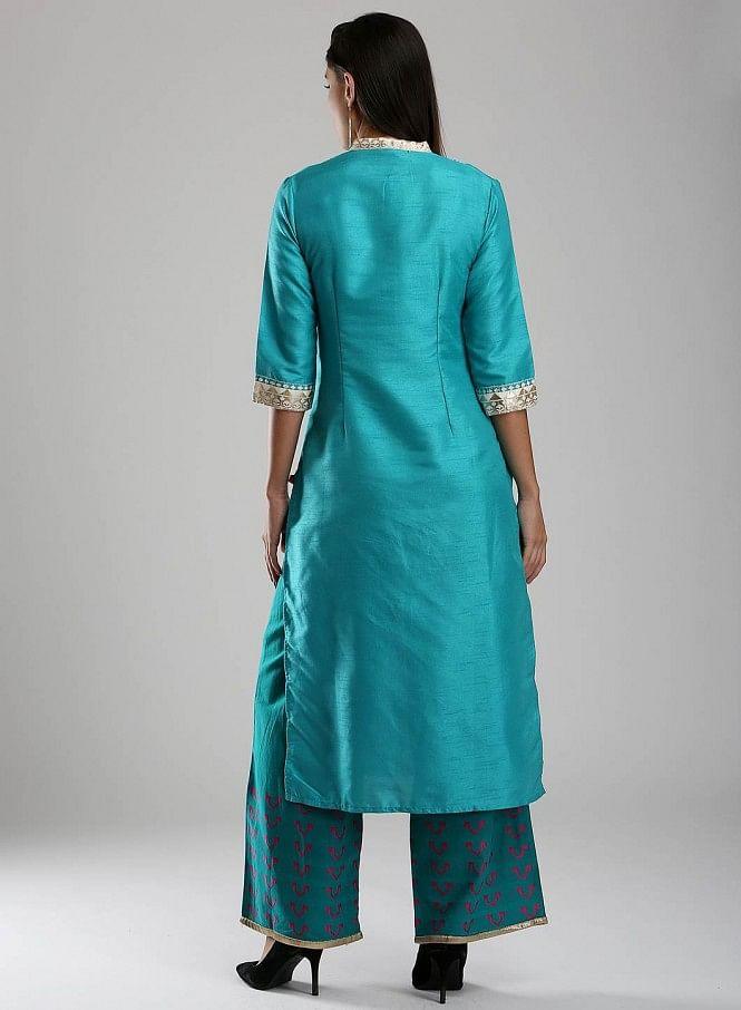 Blue Printed Mandarin Neck kurta - wforwoman