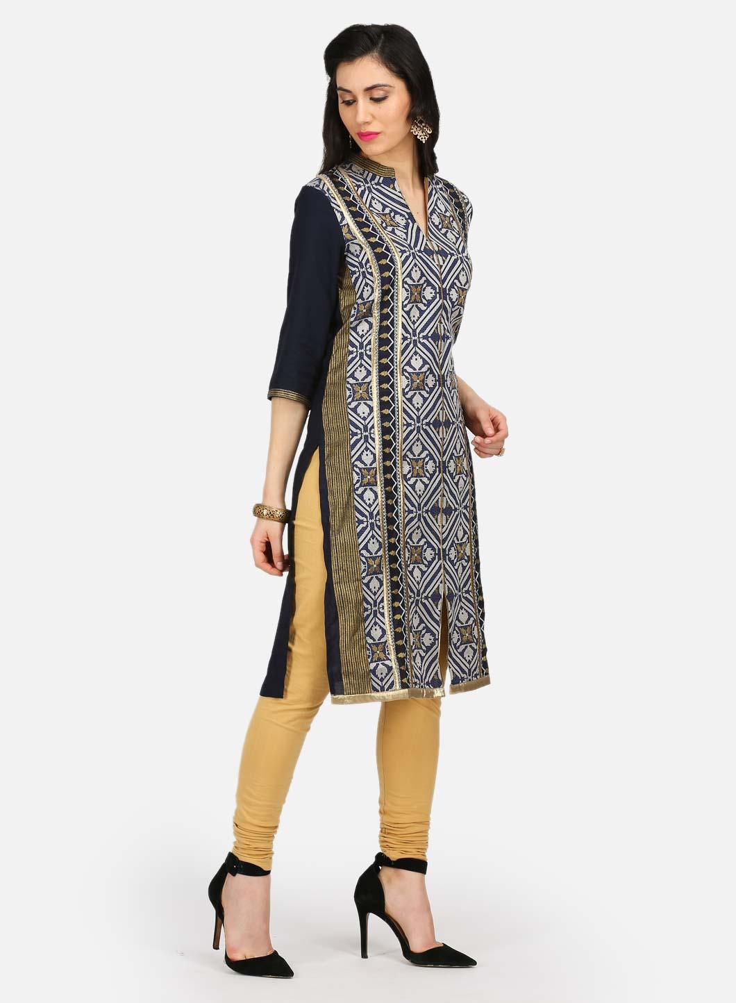 Blue Printed Mandarin Neck kurta - wforwoman