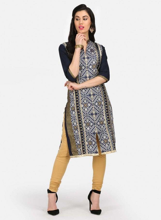 Blue Printed Mandarin Neck kurta - wforwoman