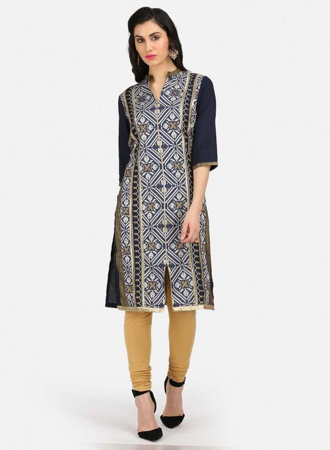 Blue Printed Mandarin Neck kurta - wforwoman