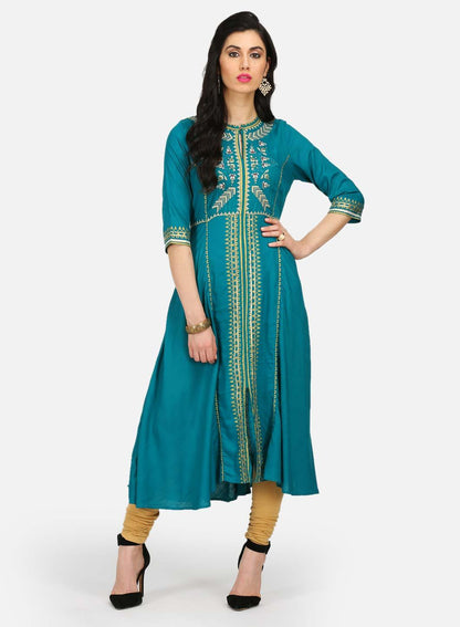 Blue Printed A-Line kurta - wforwoman