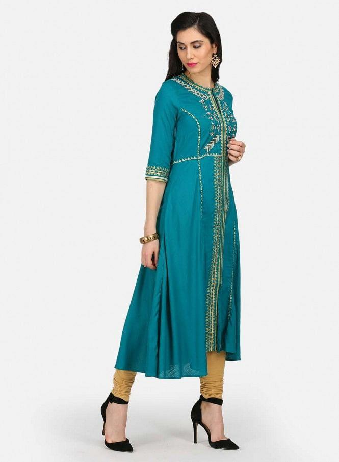 Blue Printed A-Line kurta - wforwoman