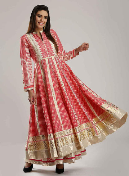 White &amp; Pink Printed Mughal Gown - wforwoman