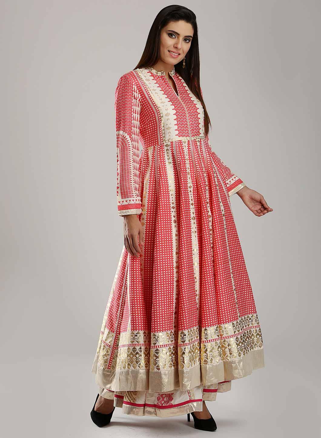 White &amp; Pink Printed Mughal Gown - wforwoman