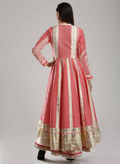 White &amp; Pink Printed Mughal Gown - wforwoman