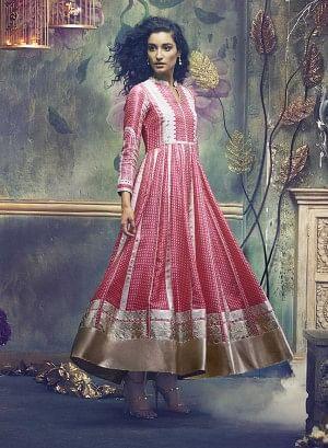 White &amp; Pink Printed Mughal Gown - wforwoman