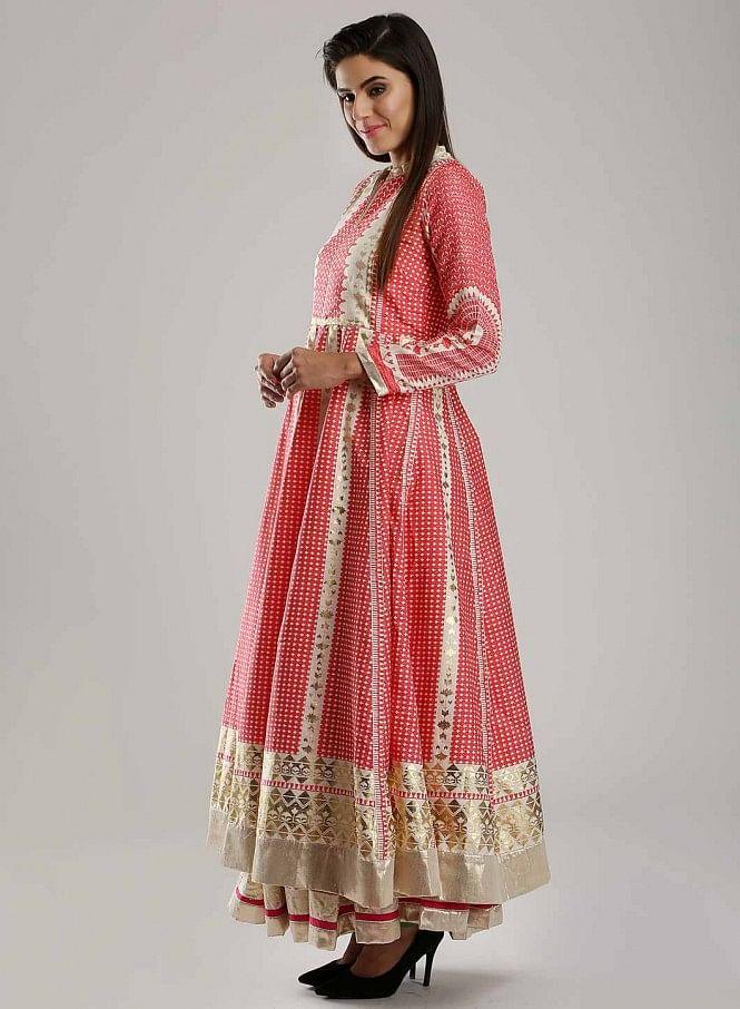 White &amp; Pink Printed Mughal Gown - wforwoman