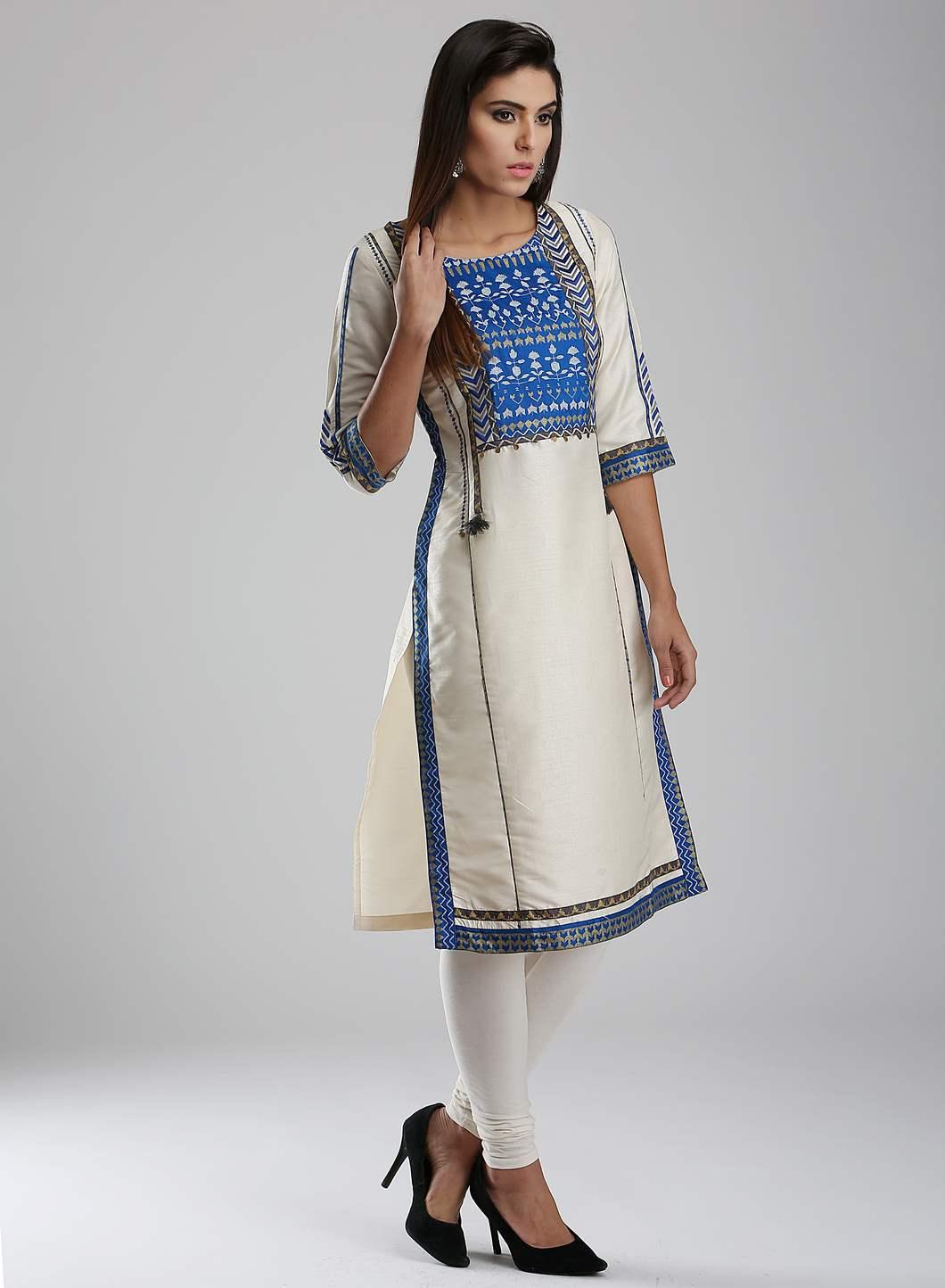 White Printed Round Neck kurta - wforwoman