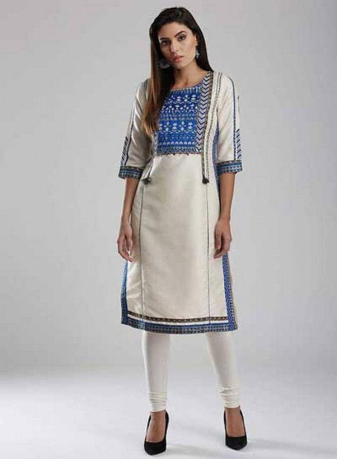 White Printed Round Neck kurta - wforwoman