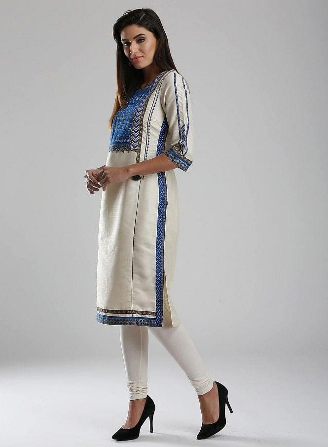 White Printed Round Neck kurta - wforwoman