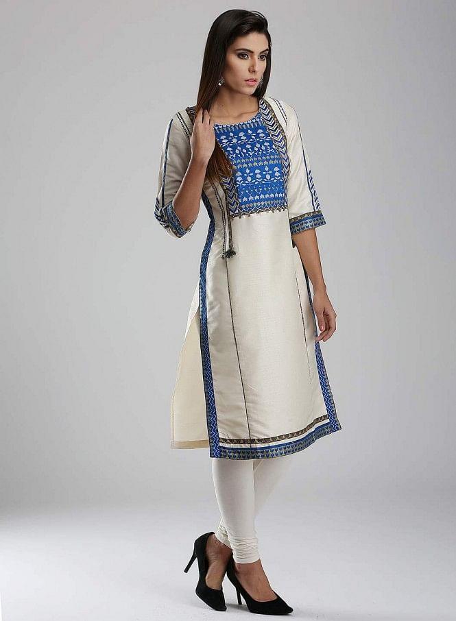 White Printed Round Neck kurta - wforwoman