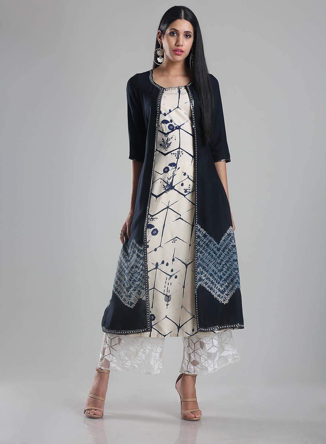 White &amp; Navy Printed Round Neck kurta - wforwoman