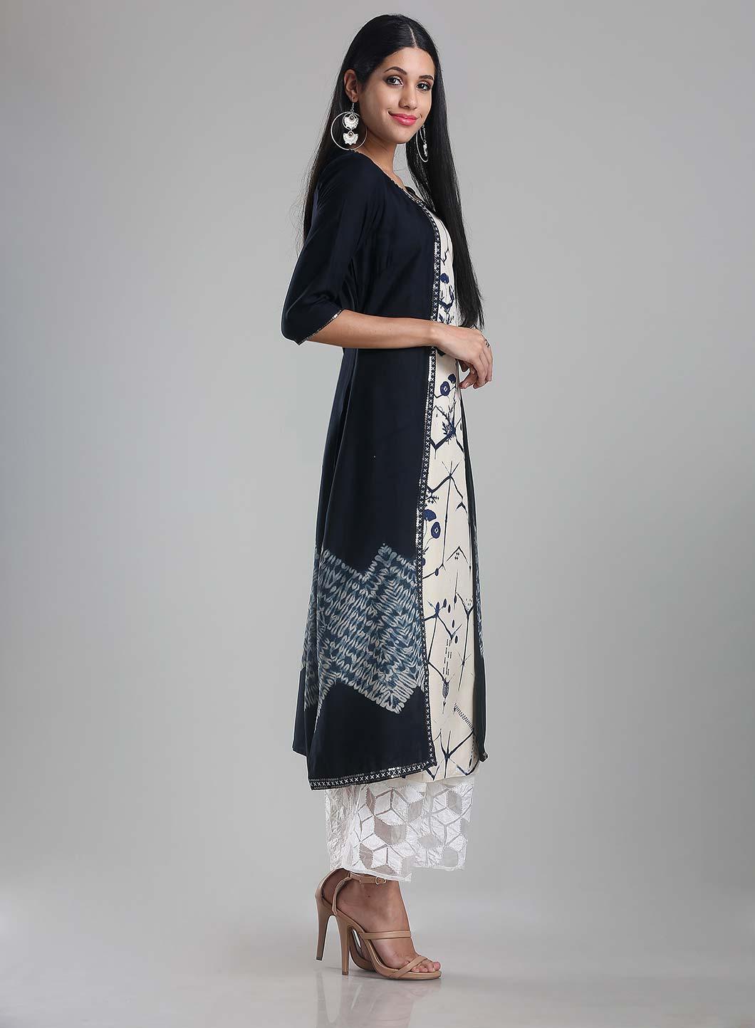 White &amp; Navy Printed Round Neck kurta - wforwoman