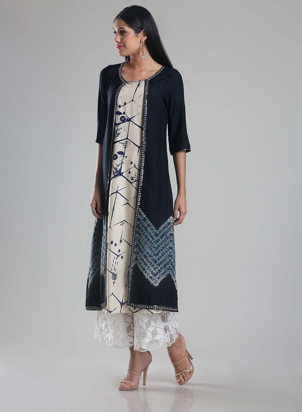 White &amp; Navy Printed Round Neck kurta - wforwoman