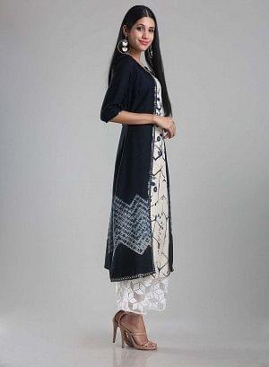 White &amp; Navy Printed Round Neck kurta - wforwoman