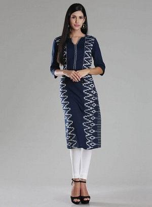 Navy Printed 3/4 Sleeve kurta - wforwoman