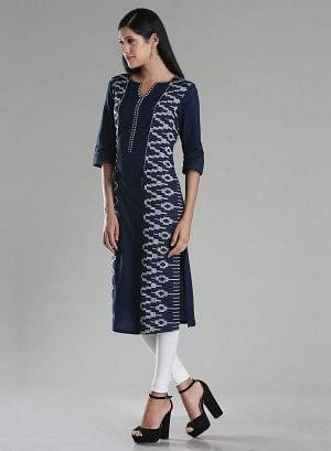 Navy Printed 3/4 Sleeve kurta - wforwoman