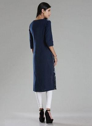 Navy Printed 3/4 Sleeve kurta - wforwoman